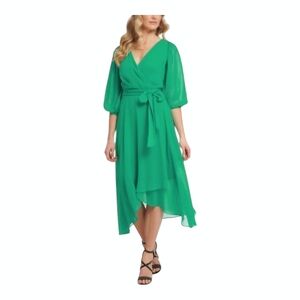 DKNY‎ Pleated Wrap Chiffon Midi Dress Balloon Sleeves Green Size 10